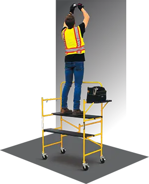 A user standing on one of the platforms doing work above his head.
