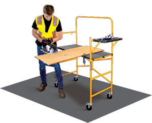 A user using the platform as a work table to cut wood.